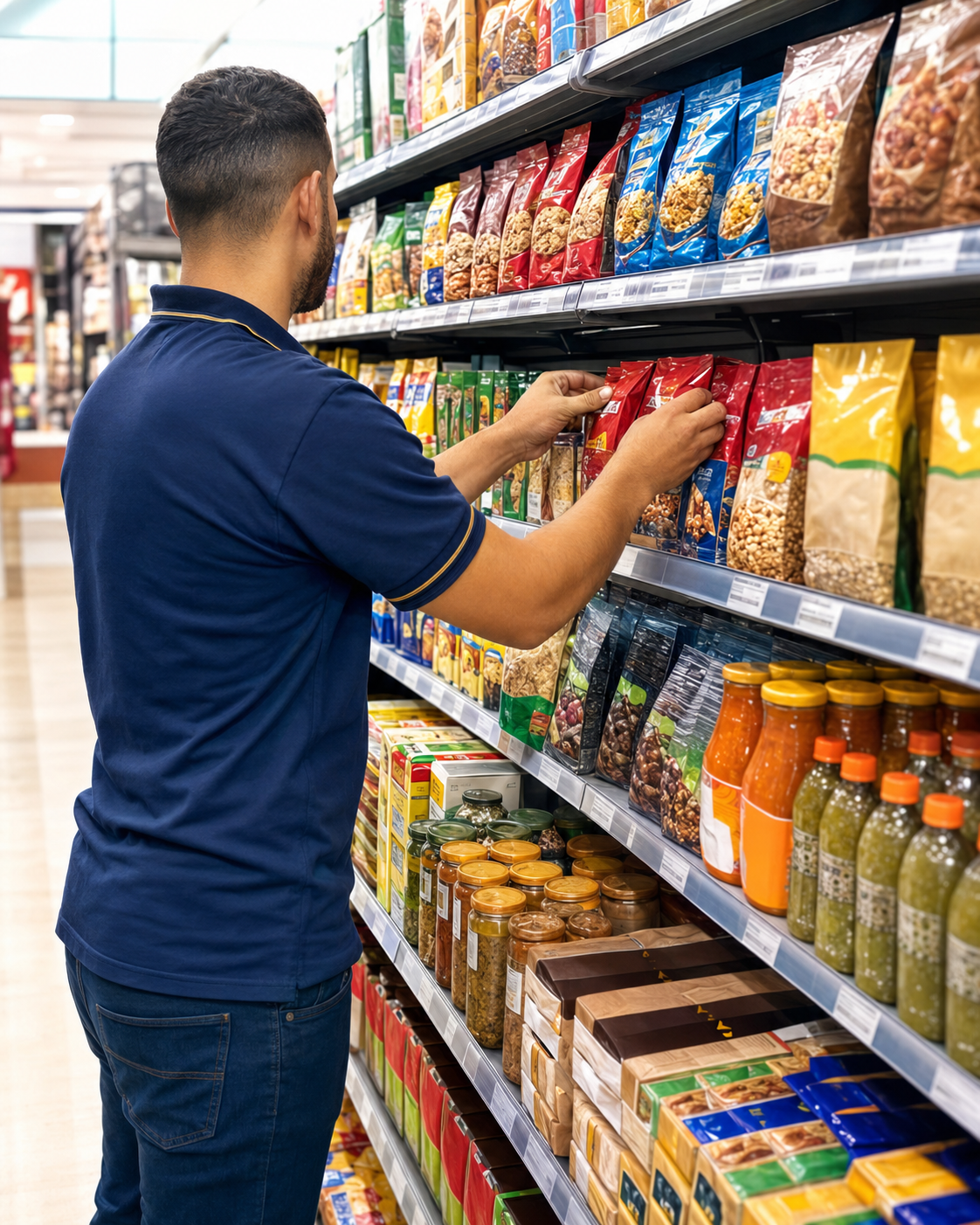 Promotor de vendas organizando produtos em uma gôndola de supermercado